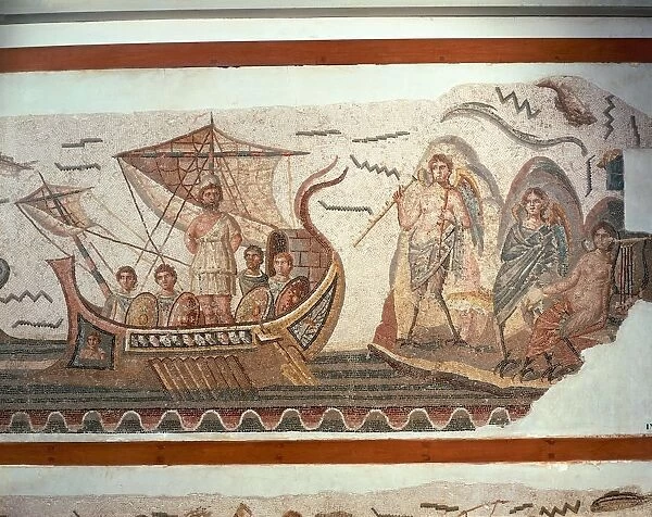Detail of Roman mosaic depicting Ulysses and sirens, from the House of Dionysus and Ulysses at Thugga (Dougga)