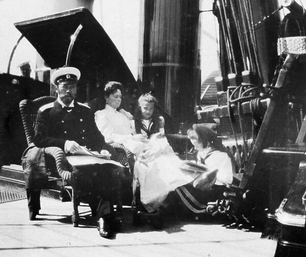 The royal couple of russia, tsar nicholas ll and tsarina alexandra fyodorovna aboard the royal yacht with two of their children