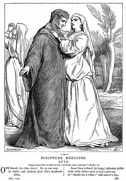 Ruth embracing her mother-in-law. Bible 2 Ruth 1. 14. Wood engraving 1873