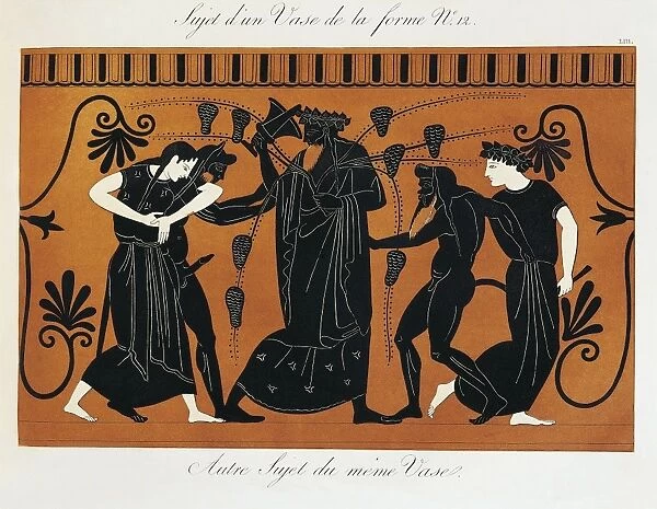 Scene from ancient Greek vase with Dionysus in a vineyard surrounded by Satyrs and Maenads by Piringer (after Greek original), engraving