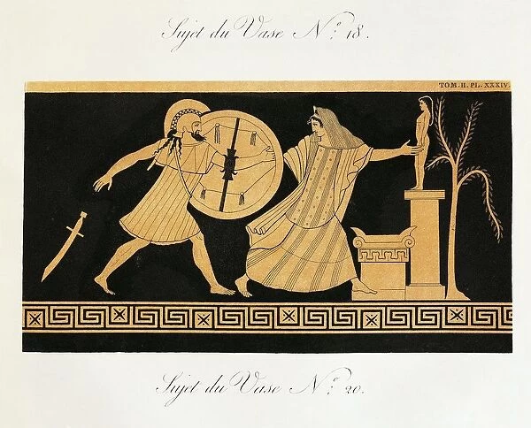 Scene from ancient Greek vase with Menelaus in Helens pursuit before altar of Apollo, Scene from Trojan War by Piringer (after Greek original), engraving