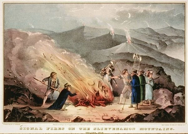 Signal fires in the Slievenamon Mountains - Ireland 1848. Scene during unrest in