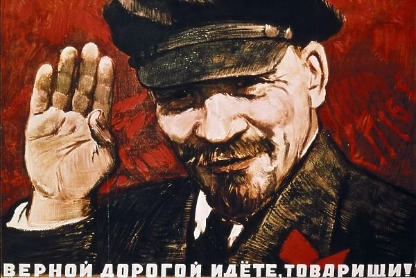 Soviet propaganda poster featuring lenin from the 1920s or 30s, you are following the true road, friends