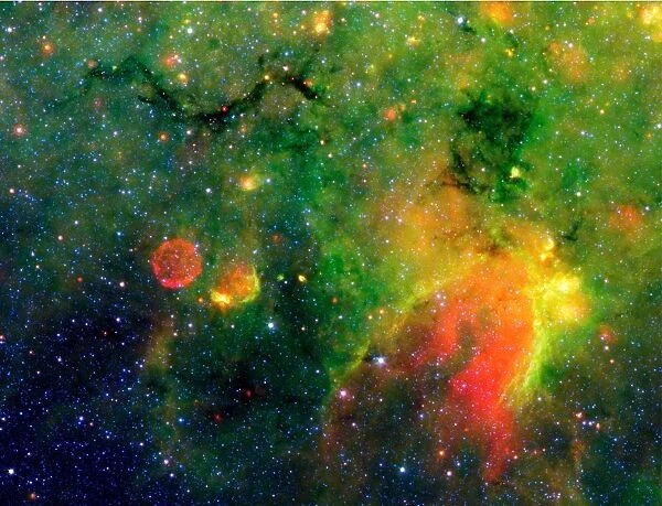 Spitzer Space Telescope infrared image of a snake (upper left) and surrounding stormy environment