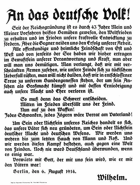 Text of declaration of war speech by Kaiser Wilhelm II To the German People'
