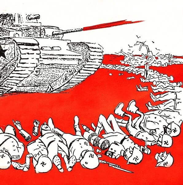 World War II 1939-1945: Russian cartoon showing a Soviet army tank overwhelming German army forces