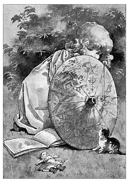 Antique childrens book comic illustration: little girl with cat