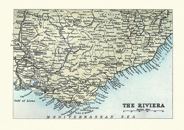 Antique Map of The French Riviera, France, 1890s, 19th Century