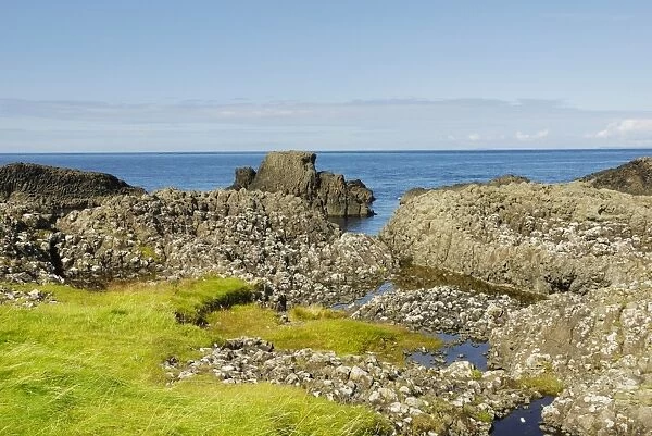 Bog pools in weathered basalt blocks at Northern Irish coast at Ballintoy Harbour, County Antrim, Northern Ireland, United Kingdom, Europe