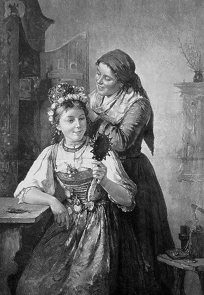A bride in dirndl is decorated for the wedding party, Austria, c. 1880, digitally restored reproduction of an original 19th century pattern, exact original date not known