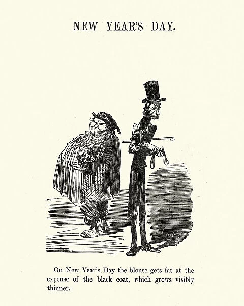 Cartoon of New Years Day, the blouse gets fat, by Gustave Dore, Victorian 1860s, 19th Century caricature