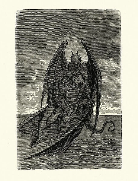 Demon devil haunting a man marooned at sea on sinking boat