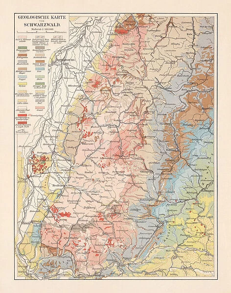 Geological map of the Black Forest, Baden-Wurttemberg, Germany, lithograph, 1897