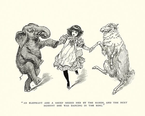 Girl dancing with an elephant and a sheep