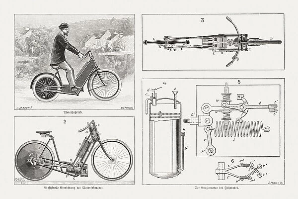 Hildebrand & WolfmAOEller motorcycle from 1894, Germany, woodcuts, published 1895