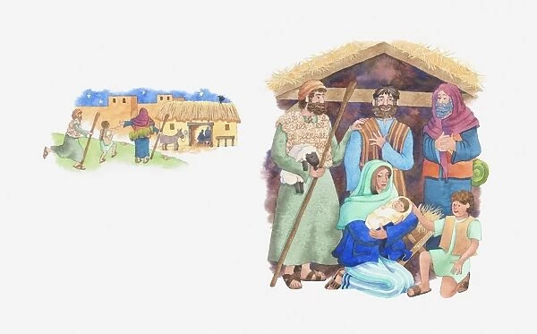 Illustration of a bible scene, Luke 2, the shepherds travel to Bethlehem to see baby Jesus