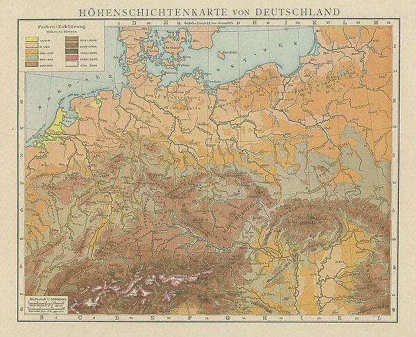 Old chromolithograph illustration altitude (topographic) map of Germany