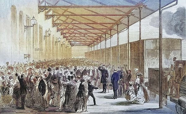 Reception of the crown prince of Prussia on the Berlin Anhalter Bahnhof train station in Leipzig on 26 July 1870, illustrated war history, German, French war 1870-1871, Germany, France