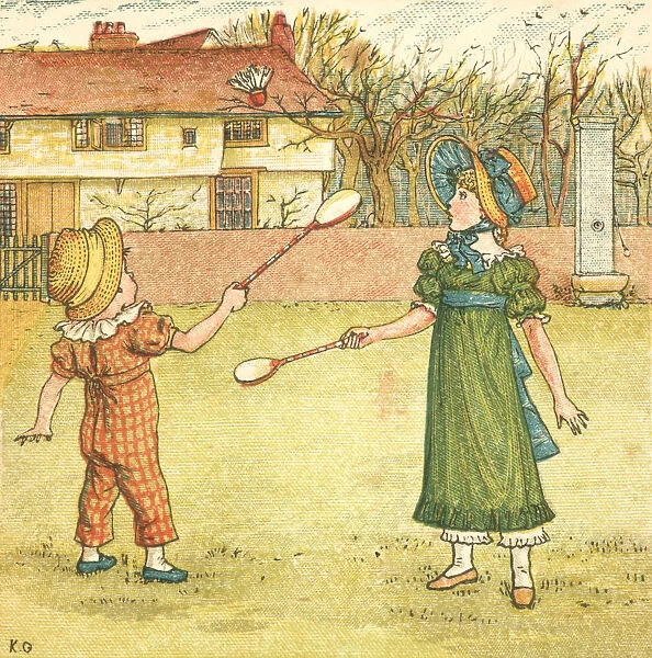 Regency style children playing shuttlecock and battledore on a village green