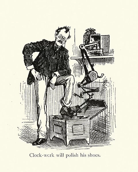 Wacky inventions, the clockwork shoe polisher, Victorian cartoon 19th Century