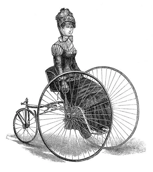 Woman riding Penny Farthing bike 1885 illustration