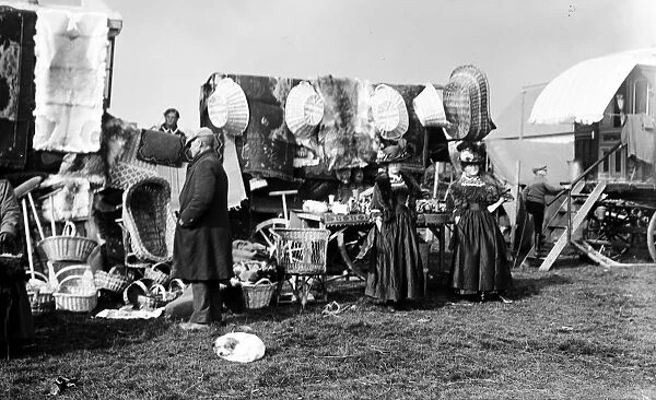 Basket stalls, Summercourt Fair, St Enoder, Cornwall. Around 1912