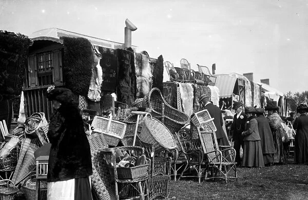 Basket stalls, Summercourt Fair, St Enoder, Cornwall. 1912