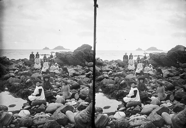 Children on the shore, Cape Cornwall, St Just in Penwith, Cornwall. Early 1900s