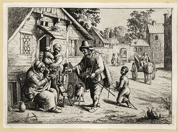 17th century Dutch spectacles seller offering his wares to a wom, 1803 (engraving)