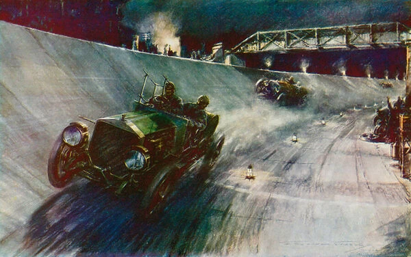 In 1907s F Edge, driving the Napier single handed, succeeded in maintaining 60 mph for 24 hours, the first record on the new Brooklands track (colour litho)