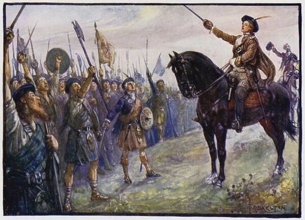 The 25 year-old Bonnie Prince Charlie addressing his troops, Jacobite Rising of 1745 (colour litho)