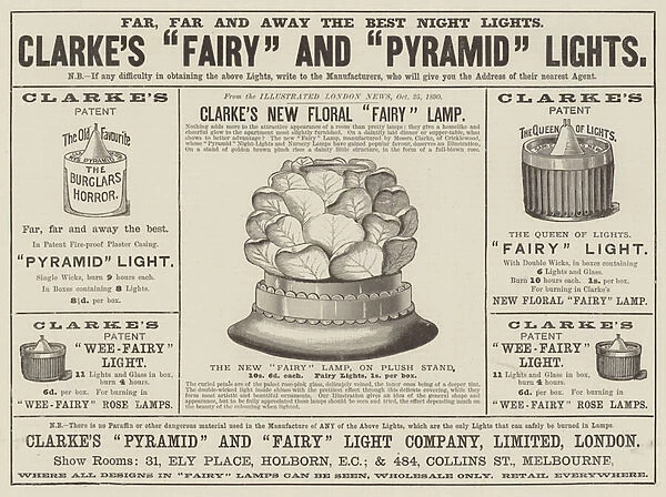 Advertisement, Clarkes 'Fairy'and 'Pyramid'Lights (engraving)