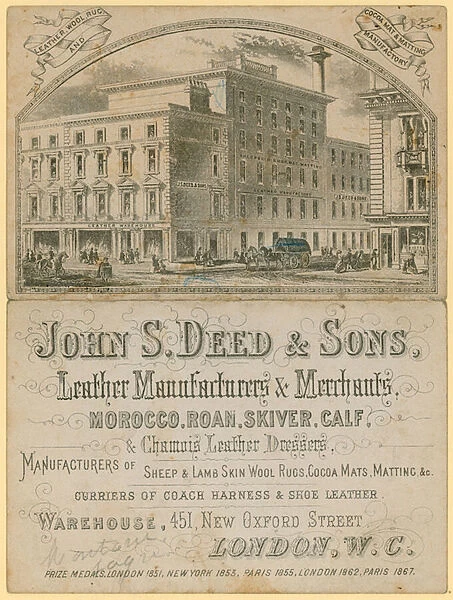 Advert for Johns Deed & Sons, leather manufacturers and merchants, 451 New Oxford Street, London (engraving)