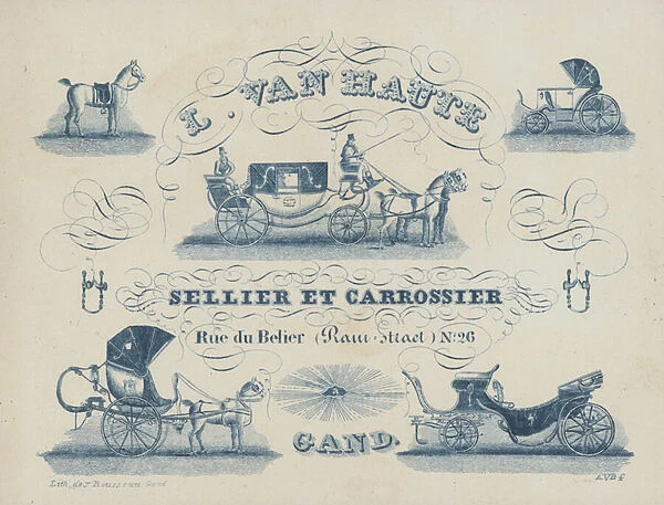 Advertisement for L van Haute, saddler and coachbuilder, Ghent, Belgium (litho)
