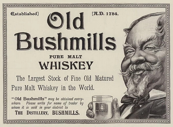 Advertisement, Old Bushmills Whiskey (engraving)