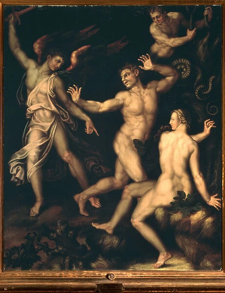 Adam and Eve expelled from paradise (Paintin, 16th century)