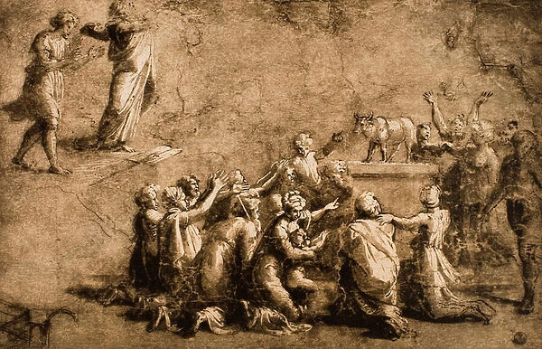 Adoration of the Golden Calf or Moses Breaks the Tables of the Law; drawing by Raphael. Gabinetto dei Disegni e delle Stampe, Uffizi Gallery, Florence