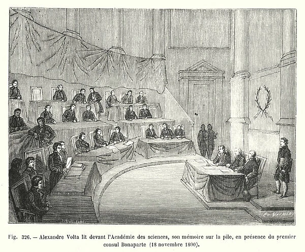 Alexandre Volta lit devant l Academie des sciences, son memoire sur la pile, en presence du premier consul Bonaparte, 18 novembre 1800 (engraving)