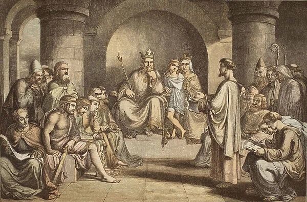 Alfred the Great submitting his laws to the Witan, engraved by JD Cooper