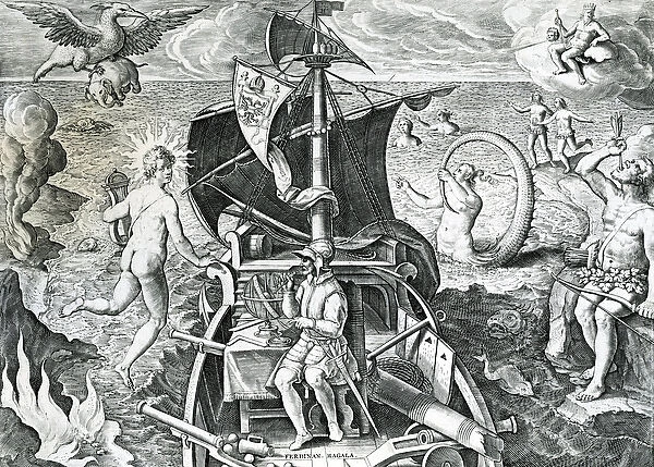 Allegory on the travels of Ferdinand Magellan (1480-1521), by Theodor de Bry (1528-1598)
