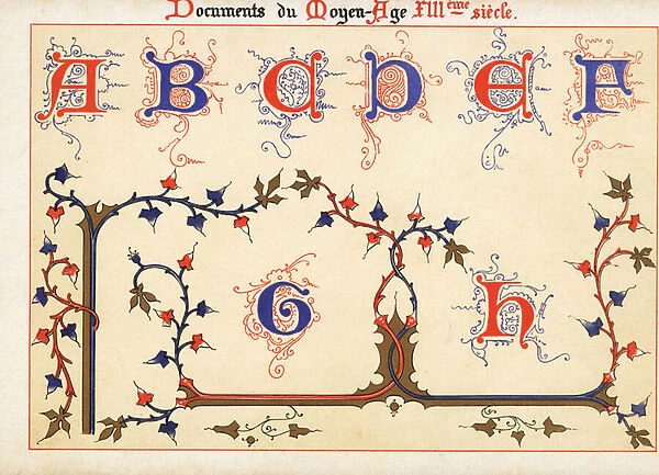 Alphabet of decorative initial letters from A to H, 13th Century, 1897 (Chromolithograph)