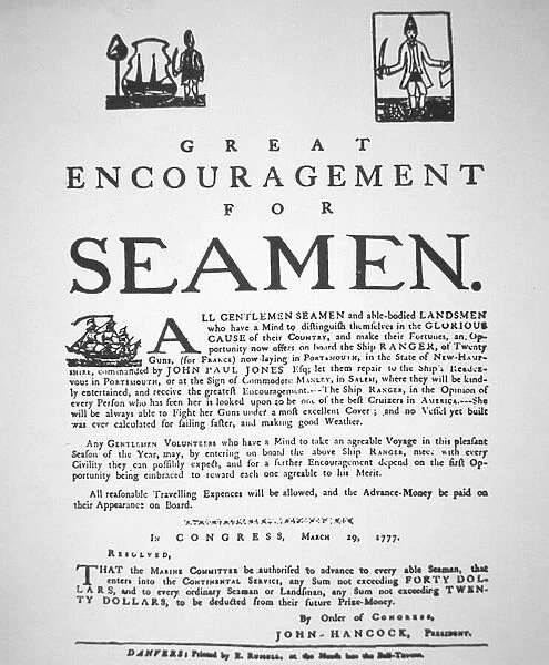 American recruiting poster calling for seamen to serve on the Ranger