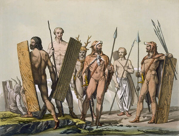 Ancient Celtic warriors dressed for battle, with a shaman, c. 1800-18 (coloured engraving)