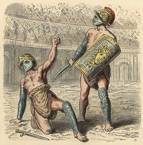 Ancient Rome: Gladiator fights in amphitheatre, 1866 (coloured engraving)
