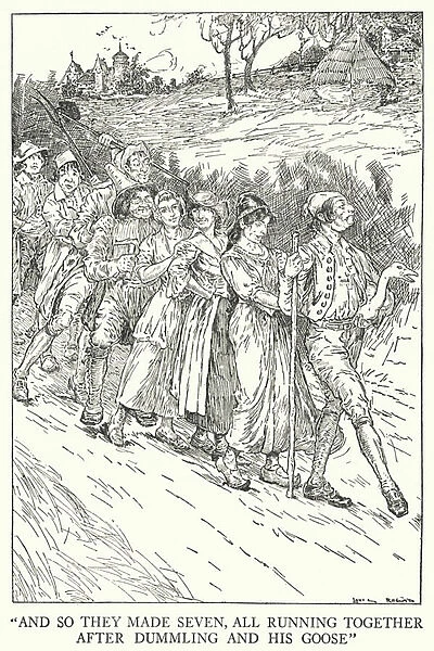 'And so they made seven, all running together after Dummling and his goose'(litho)