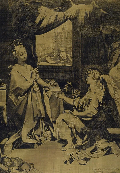 The Annunciation (etching, engraving & drypoint on yellow silk taffeta)
