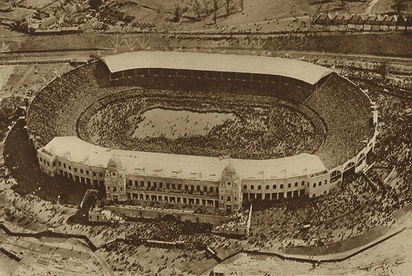 Ants nest carelessly broken open, or Wembley Stadium seen from the cockpit of an aeroplane? (b  /  w photo)