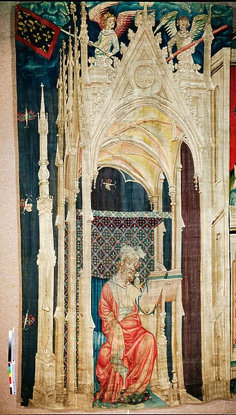 Apocalypse Tapestry, Cartons of the painter Hennequin de Bruges, atelier Nicolas Bataille. no, 26, Grand personnage assis sous un baldaquin, 1373-1380 (textile)