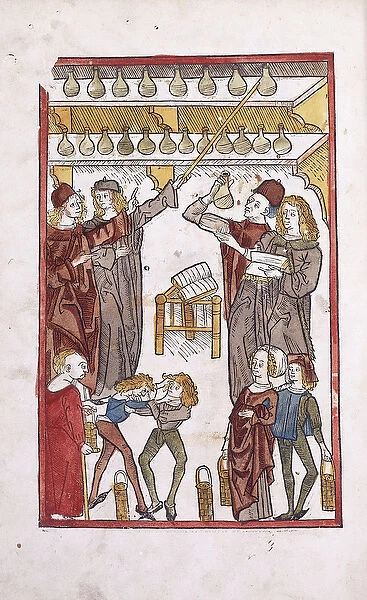 Apothecaries and potions, with two boys fighting in the foreground