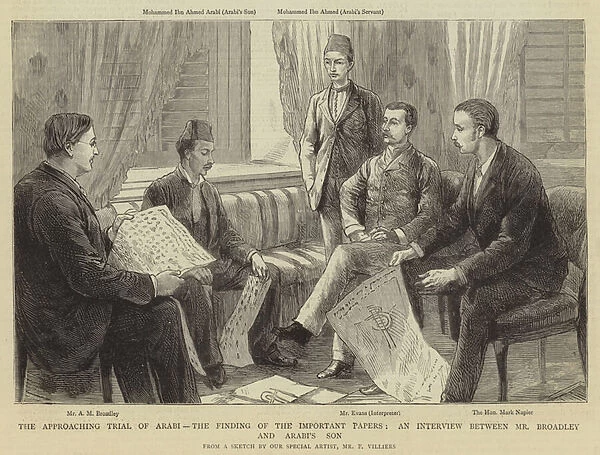 The Approaching Trial of Arabi, the Finding of the Important Papers, an Interview between Mr Broadley and Arabis Son (engraving)